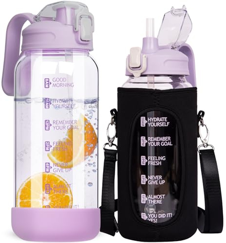 DEARRAY 1.5 Litre Glass Water Bottle with Straw & Time Markings - Large Leakproof Motivational Drinking Bottle - BPA Free Glass Carafe