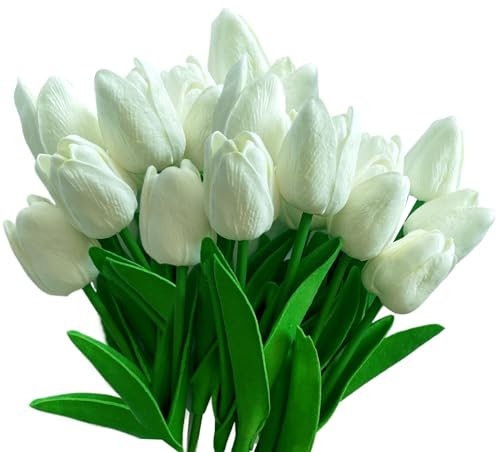 Künstliche Tulpen, 24 Stück, realistische künstliche Tulpen, 31 cm, Seidentulpen, künstliche Blumen mit Stielen für Hochzeit, Ostern, Frühling, Muttertag, Dekoration, Weiß