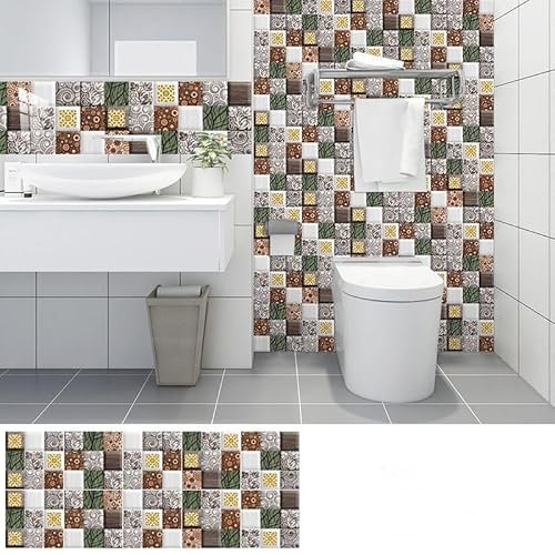 Fliesenaufkleber Braune Grüne Blumen Selbstklebende Klebefliesen, Wandfliesen Aufkleber,Wasserdicht Fliesensticker Fur Kuche Badezimmer Dekorative Stickerfliesen,Wohnzimmer Dekoration10X10Cm