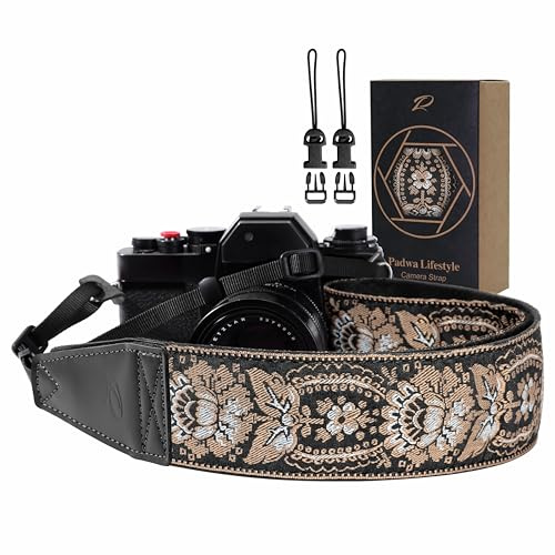 Padwa Lifestyle Kameragurt - 2“ Vollnarbenleder Kameragurte für Fotografen, Vintage bestickt Baumwollgewebe weiches Wildleder Stoff gepolstert Riemen Schnellspanner passt alle Kameras -Braun Schwarz