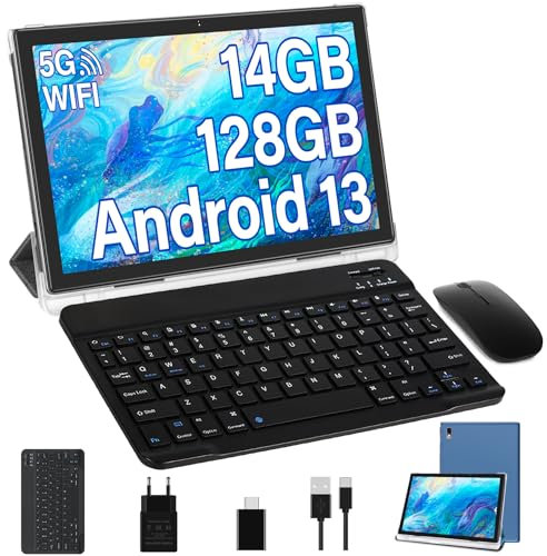 Oangcc 2025 Newest Tablet 10 Pollici Android 13,14GB RAM+128GB ROM (TF 1TB),Octa-Core 2.0GHz, FHD Tablets con 5G+2.4G WiFi, 8000mAh | 5+8MP | Widgets | BT5.0 | GPS | Tablet con Mouse e Tastiera - Blu