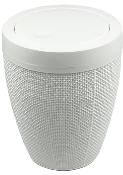 Addis Faux Hessian Round Swing Lid Plastic Bathroom Bedroom Home Office Bin, 5 litre capacity, Clean White