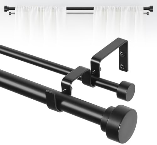 TANGWIN Black Double Curtain Rods for windows 36 to 88:Adjustable Heavy Duty Double Curtain Rod for Bedroom Living Room,1Inch Matte Black Iron Moden Decorative Telescopic Dual Drapery Rod Easy Install
