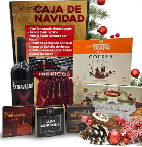 Cesta Gourmet para Regalar M | Perfecta como Regalo Cesta Navidad de Empresas | Jamón Ibérico de Cebo + Vino Tempranillo + Crema de Morcilla y Crema de Sobrasada + Paté PX + Pack Polvorones + Bombones