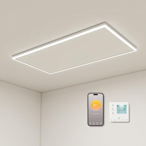 Calefacción de techo infrarrojo, 840 W, montaje en techo, con iluminación LED, calefacción infrarroja, con termostato, control remoto por aplicación, calefacción eléctrica, panel calefactor
