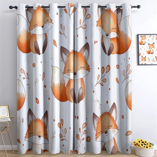 Vorhang Blickdicht Gardinen Cartoon Aquarell Fuchs Muster Verdunkelung mit Ösen Polyester Ösenschal Vorhänge Orange Farbe für Schlafzimmer Wohnzimmer Dekor H214 x B91.5 cm (2er Pack)