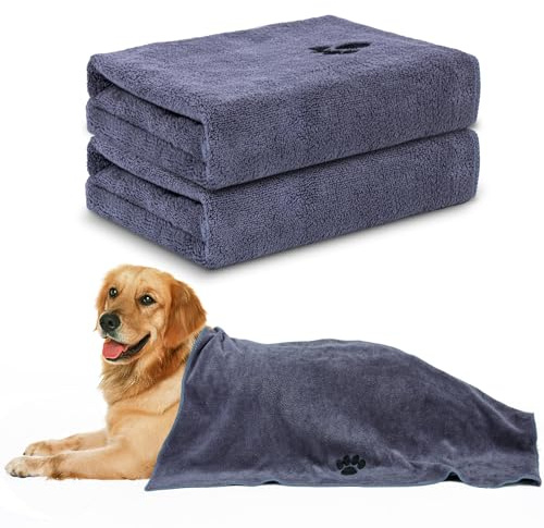 WOUSEDO Microfiber Dog Towels for Drying Dogs,40'' X 23.6'', Super Absorbent and Soft Pet Grooming Towel, Perfect Shower & Bath Supplies for Dogs(2-Pack Grey)