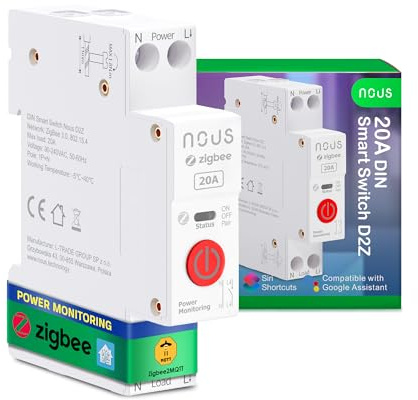 Interruptor Nous Zigbee DIN, Interruptor inteligente 20A con Monitorización de Energía, Compatible con Zigbee2MQTT, Home Assistant, Alexa y Google Home, Control de aplicaciones, Control por voz