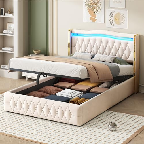 Aoskem Polsterbett Doppelbett 140x200cm mit Stauraum, Kopfteil mit LED-Beleuchtung, Hydraulisches Stauraumbett Bettgestell mit Lattenrost, Jugendbett Funktionsbett Flachbett, Ohne Matratze, Samt Beige