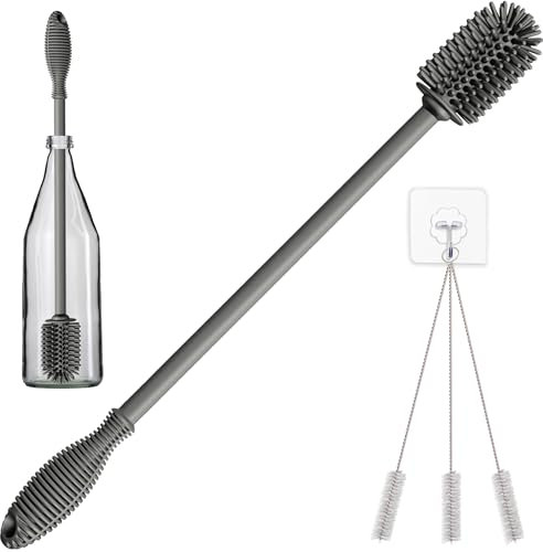 YEibi Brosse de nettoyage à l'intérieur longue (39 cm) + 3 brosses paille | Brosse de nettoyage pour biberons, brosse pour vases avec manche long, grandes bouteilles, nettoyant pour bouteille en verre