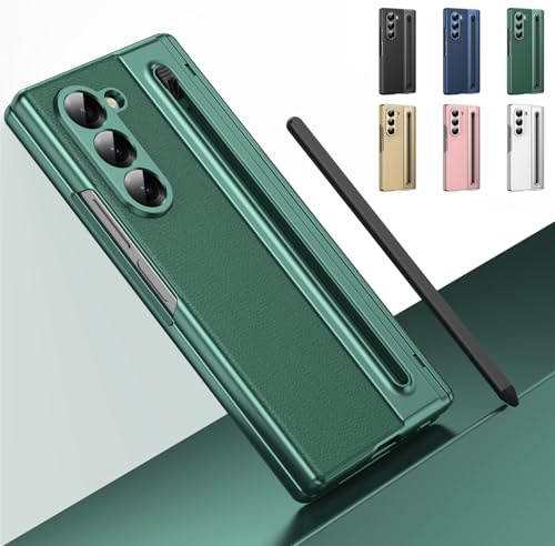 Hülle für Galaxy Z Fold 5 mit Eingabestift und Stiftschlitz, Scharnierschutzabdeckung, eingebauter Displayschutzfolie, Lederhülle für Samsung Galaxy Z Fold5-Grün