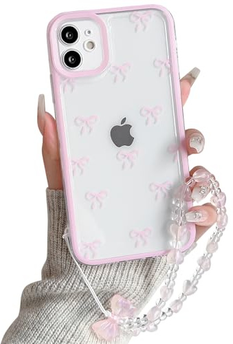 NITITOP for iPhone 12 Mini Case Cute Clear Bow Chain,Pink | for Women Girls, Aesthetic Bowknot Ribbon Design, with Wrist Strap, Soft TPU Shockproof Cover, Full Camera Protection