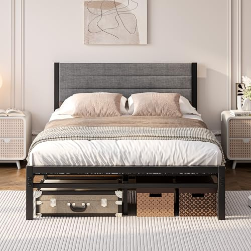 JUISSANO Sängklädsel, 120 x 200, sängram, ungdomssäng, sängram, säng 120 x 200 med ribbotten av metall, vadderad piedestal, modern enkelsäng, gästsäng, metallsäng med sänggavel, mörkgrå