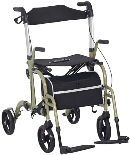 HOMCOM 2 in 1 Wheelchair Transport Chair & Folding Rollator Walker with Seat, Footrest, Backrest, Lightweight Walking Frame with Adjustable Height, Bag, 4 Wheeled Walker for Seniors, Yellow-Green