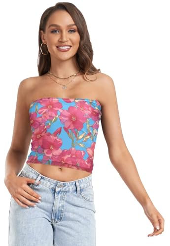 Vintage Birds Flower Butterfly Sexy Crop Tops for Women Non Slip Strapless Bra for Women Strapless Bras for Teen Club, Glowing Red Phlox Flowers, M