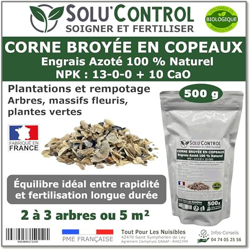 500 g de Corne Broyée en Copeaux SoluControl - Engrais Azoté 100% Naturel - Fertilisation Équilibrée pour Arbustes, Haies et Massifs Fleuris - Utilisable en Agriculture Biologique
