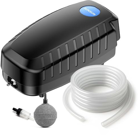 SunSun CAP-10 Bomba de oxígeno 4 W Bomba de Aire para Acuario de 3 m³ y Estanque de jardín aireador de Estanque 5 l/min con 4 Salidas de Aire 1 Piedra de Aire y 1 válvula antirretorno