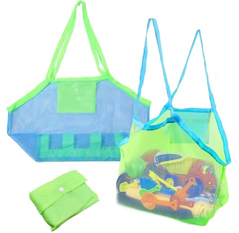 VLYX Bolsa para juguetes de playa, paquete de 2, bolsa de playa para niños, bolsa de playa de malla para juguetes de arena, organizador de juguetes de playa para familias, vacaciones, verde y azul.