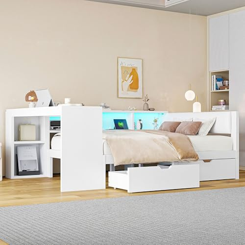 Gegtuon Schlafsofa Bett 140x200 mit LED-Licht, USB-Doppelbett Sofabett mit Regal Stauraum und 2 Schubladen, Tagesbett Jugendbett Stauraumbett Bettgestell mit Tisch und Lattenrost, ohne Matratze, Weiß