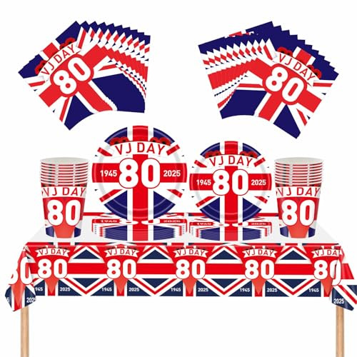 69Pcs VJ Day 80th Anniversary Party Tableware Decorations VJ Day Table Cloth,7inch 9inch Paper Plates, Napkins ,Cups for Liberation Day, Union Jack Plates for 2025 VJ Day 80 Anniversary Party Decor