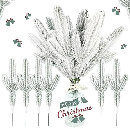 TSLBW 20 Pezzi Rami di Pino Artificiale, Rami di Aghi di Innevati, Neve Smerigliata Finta Verde Pino Picks per fai da te Ghirlanda Composizione Floreale Albero di Natale Decorazione (3 rami)