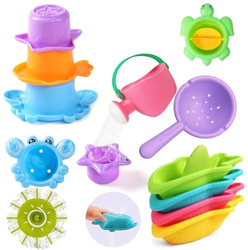 Badewannenspielzeug Badespielzeug Baby ，11-Stück Schimmelfreies Badespielzeug Set mit Stapelbechern & Gießkanne | Wasserspielzeug für Badewanne, Pool, Garten | BPA-Frei & Sicher (Farben zufällig)