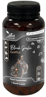 VED GarliTus, 90 Capsules, Fermented & Odorless Black Garlic Supplement with Ceylon Cinnamon Bark, ALA, Zinc, Vitamin B6, B1, B9, & B12, Non-GMO, Halal, 3 Capsules per Day.