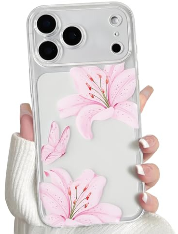 NITITOP Skal för iPhone 17 Pro Max Sött Transparent Lilja Blomma Mönster Blommig Fjäril Design Aestetiskt för Kvinnor Tjejer Genomskinligt Klar Mjukt TPU Stötsäker Skyddande Fodral - Rosa
