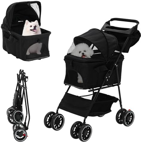 Hundewagen, 3 in1 Hunde Buggy Bis 15kg,Tragbarer Faltbar Hund Kinderwagen mit 360° Verschleißfeste Gummiräder und Ablagekorb,Netzfenstern,Getränkehalter,für Kleine Hunde & Katz
