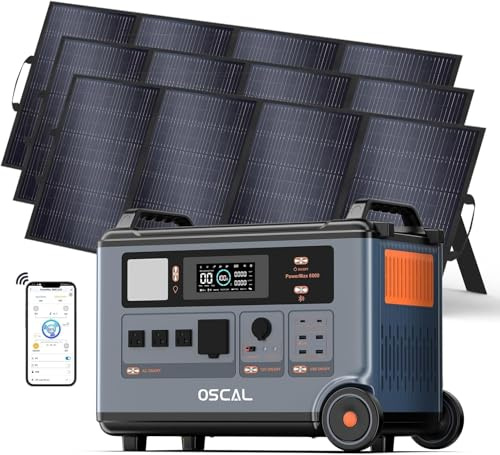 OSCAL PowerMax 6000W Generador Solar Portatil con 3 Panel 400W, 3600Wh LFP Batería, Ampliable hasta 57.6kWh, Carga Rápida 1.2h, 14 Puertos, Estación de Energía para Hogar Emergencia, Camping, Caravana