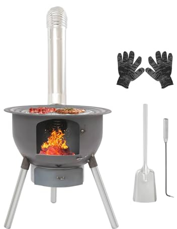 Tragbarer Holzkohlegrill, Holzofen mit Grillrost, Campingofen mit Schornstein & Aschenschale und 3 Wok-Ringe, Holzkohle Grill bis zu 150kg, Ideal für 3 bis 6 Personen geeignet