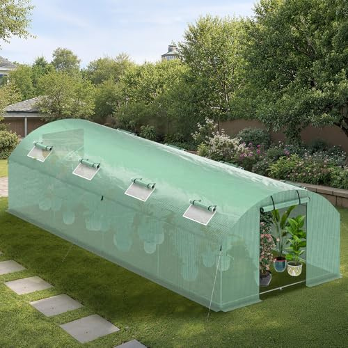 Peviasot 300 x 800 x 200 cm folieväxthus vintersäkert med extra robust stålram, 16 fönster och 4 trädgårdsdörrar, 2 x 140 g/m² PE UV50+, tomatväxthus inkl. 54 markankarset