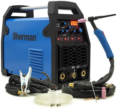 Sherman WIG Schweißgerät AC DC, Alu Schweißgerät 230V, Inverter Schweißgerät 200A, Schutzgasschweißgerät mit Pulsfunktion, Elektroden Schweißmaschine, hf Zündung, Werkstatt, TIG 215P Bestschweissen.de