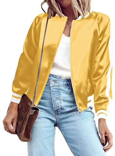 Zeagoo Women's Classic Solid Striped Biker Jacket Zip Up Fashion Bomber Jacket Coat Gold Medium