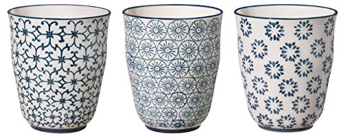 Bloomingville Becher ohne Henkel Kristina Retro Teetasse Kaffeebecher Vintage Latte Macciato Set Ø 8,5 x H 10 cm, blau, Keramik, 3er Set, fasst ca. 300 ml