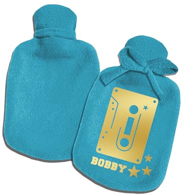 Wärmflaschen-Bezug personalisiert für Jungen Männer Mann mit Namen und Tape Kassette von SupaRina, Farben und Motiv nach Wahl: Hammer Alien Pixel Invader, kalt oder warm befüllbar, Fleece, Naturgummi