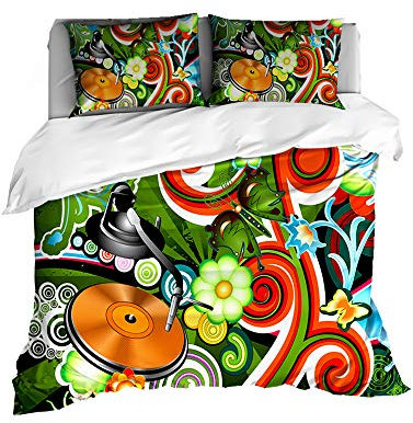 Sticker Superb Set Biancheria da Letto per Adolescenti DJ Musica in Stile Rock Set Copripiumino e Federa, Biancheria da Letto Verde Bianca Nera Fresco Ragazzo, Poliestere (Verde, 135_x_200_cm)