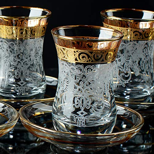 Vissmarta Vintage Turkish Tea Glasses Cups Saucers Set of 6 for Women Glassware Drinking Party Arabic Style Teacups Moroccan Persian Coffee Adults Fancy Decorative Tray Gold Drinkware