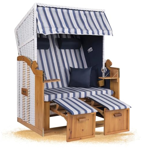 Strandkorb Hanse Strandkorb Ostsee XXL Volllieger Weiß Blau - 2-Sitzer 120cm breit, ideal für Garten, Terrasse und Balkon (Weiß Blau Grau Gestreift, Montiert)