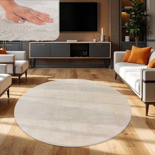 TT Home Wohnzimmer Teppich Hochflor Langflor Kunstfell Weich Modern Unifarben Flauschig, Farbe: Creme, Größe:100 cm Rund