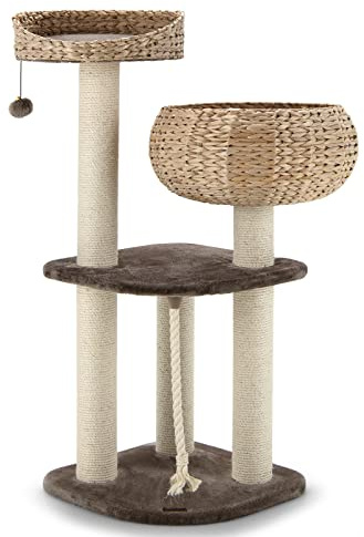 COSTWAY 104 cm Árbol Rascador para Gatos de Interior con Posaderos, Cama, Cesta Hechas a Mano, Juguete Colgando y Cuerda, Palos Rascadores de Sisal, Torre Rascador para Gatos, Casitillo Gato (Marrón)