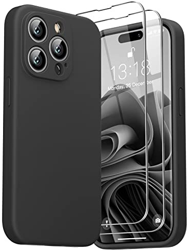 GOODVISH 3 in 1 Liquid Silikon Hülle für iPhone 14 Pro Hülle, Schwarz | mit 2 Stück Schutzfolie, Stoßfester Kratzfestem Handyhülle 360° Schutzhülle Soft Mikrofaserfutter Schutz Case 6.1