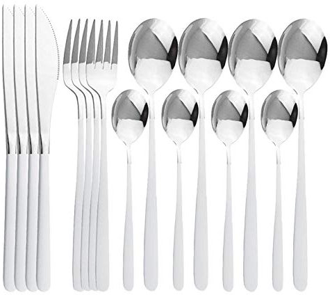 16 stücke Blau Gold Besteck Set Edelstahl Geschirr Set Gold Geschirr Küche Silberwaren Spiegel Bunte Besteck Set essgeschirr (Color : White Silver)
