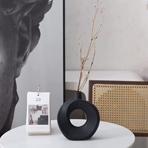 Cutfouwe Vase Schwarz,Vase für Pampasgras,Keramik Matt Donut Vase,Moderne Deko Vase,Klein Blumenvase für Trockenblumen,Rund Vase mit Loch,Home Office Dekoration,S