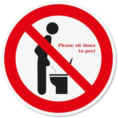 Younikat Autocollant WC « Please Sit Down to Pee » - hin520 | Diamètre 20 cm, autocollant pour couvercle de toilette, grand sticker rond découpé, adhésif permanent