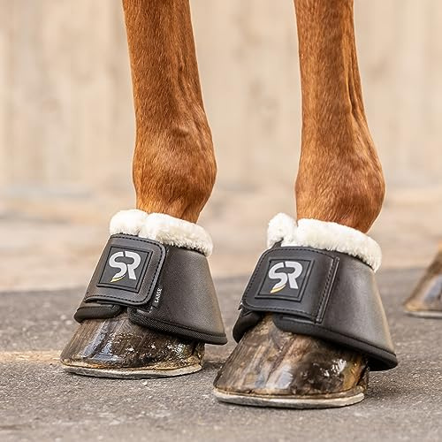 SUNRIDE Cloches de Sabot avec Fourrure (Set de 2) pour Chevaux - en Cuir véritable et néoprène - pour protéger des Coups de Boule (L/COB-Full, Noir)