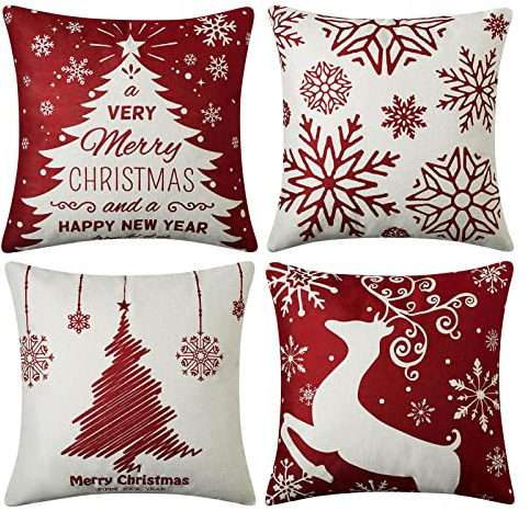 ZRYAZQ Kissenbezug Weihnachten 4er Set Kissenbezüge Rot Kissenhülle Blau Weihnachten Deko Kissenhülle Für Schlafzimmer Home Sofa Auto Merry Christimas Cushion Covers 45 X 45 cm Weihnachten Dekoration