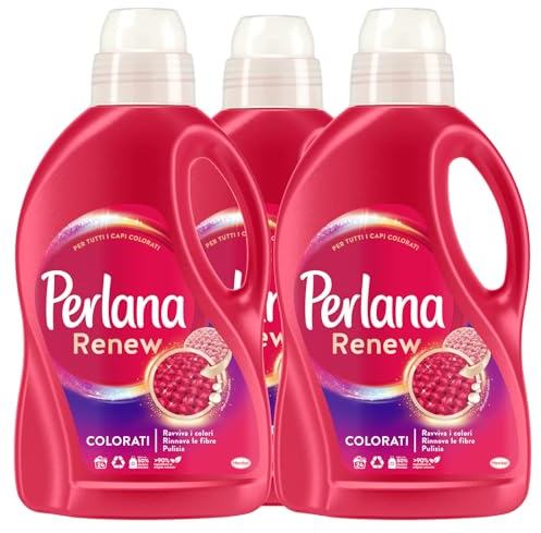 Perlana Renew Colorati Detersivo Liquido Rinnova Colore Capi Colorati per Lavatrice e Bucato a Mano Neutrilzza Cattivi Odori sui Tessuti Rinnova i Colori 24 Lavaggi - 3 Flaconi da 1,44 Litri