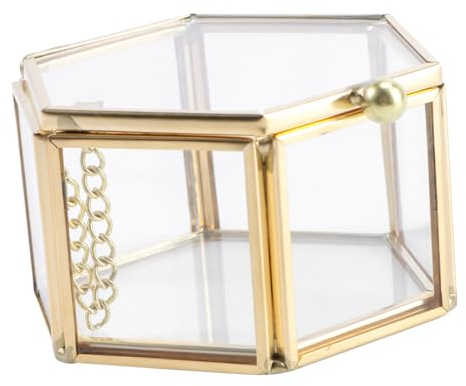 PACKOVE Große Schmuckschatulle aus Glas und Kupfer mit Sechseckigem Klappdeckel Elegante Kleiner Ringbox für Ringaufbewahrung und Stilvolle Schmuckaufbewahrungsbox zur Heimdekoration