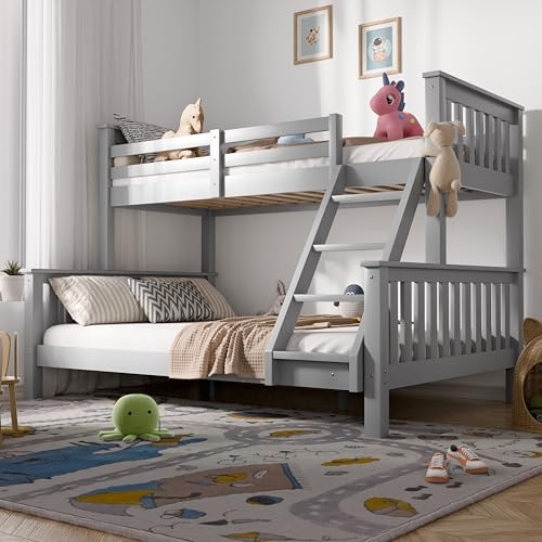 Blisswood Triple Bunk Bed – 4ft6 Double & 3ft Single Pine Wooden Bed Frame with Ladder, Triple Sleeper for Kids, Teens & Adults, Space-Saving Bunk for Bedroom or Guest Room (Grey_L198 x W143 x H146cm)